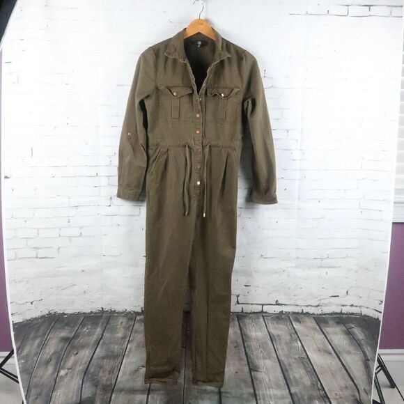 MISSGUIDED BROWN LONG SLEEVE SNAP DOWN FRONT UTILITY JUMPSUIT SIZE 4 - Picture 1 of 8